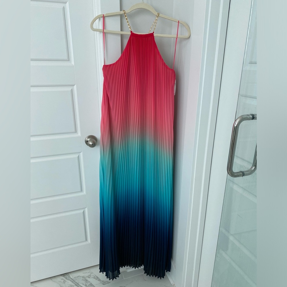 NWT Trina Turk Pink to Teal Ombre Pleated Maxi Dress NWT